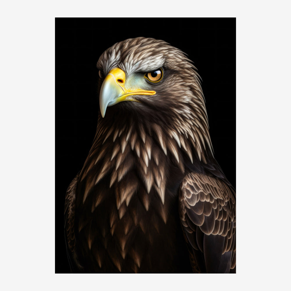 Portrait d'un aigle majestueux aux yeux dorés et au plumage brun sur un fond noir.