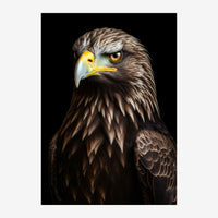 Portrait d'un aigle majestueux aux yeux dorés et au plumage brun sur un fond noir.