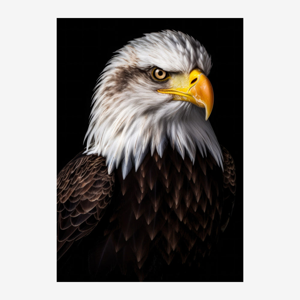 Portrait d'un aigle à tête blanche présenté de profil face à un fond noir, montrant son regard doré et son bec jaune.