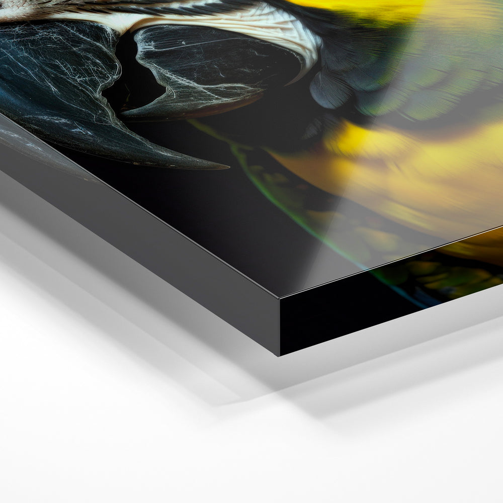 Gros plan de la matière : le tirage sous verre acrylique, tranche transparente visible.
