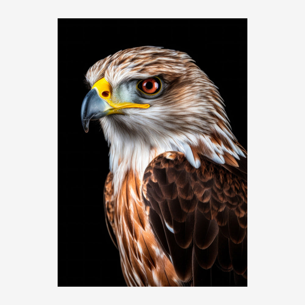 Portrait en gros plan d'un aigle royal de profil sur fond noir, avec plumage blanc et marron, œil ambre et bec jaune vif.