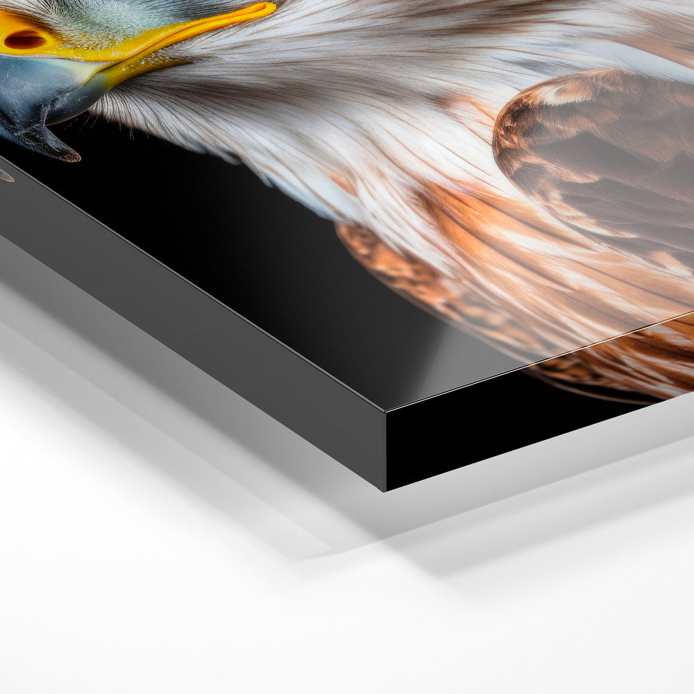 Gros plan de la matière : le tirage sous verre acrylique, tranche transparente visible.