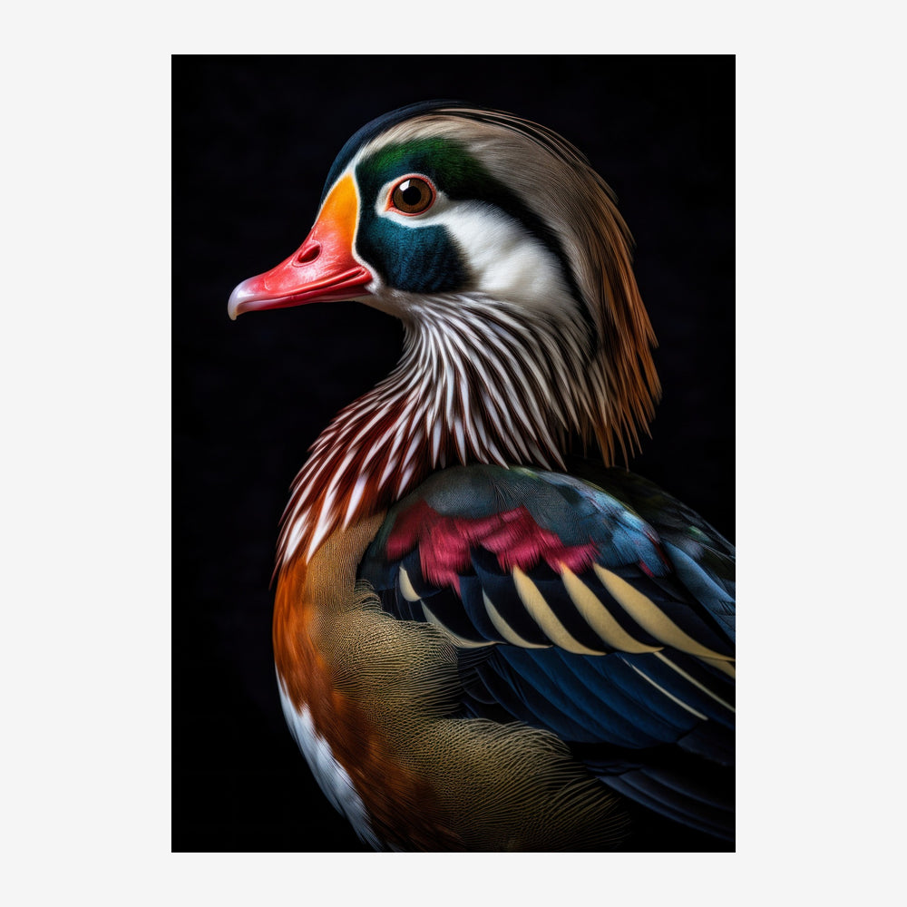 Portrait d'un canard mandarin de profil sur fond noir, aux plumes colorées rouge, bleu, vert et or, avec un bec rouge vif.
