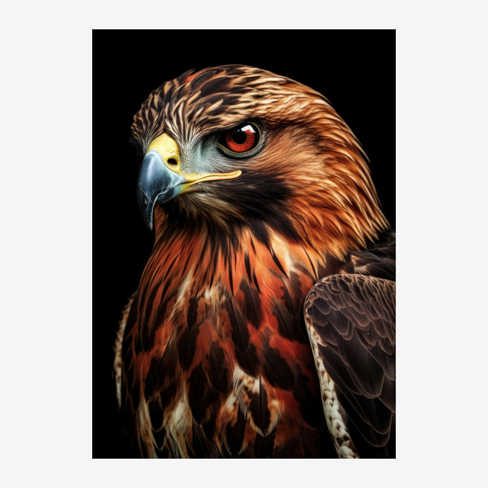 Portrait d'un aigle aux yeux rouges intenses, plumage roux et noir sur fond noir, profil trois-quarts.