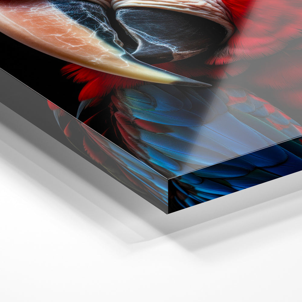 Gros plan de la matière : le tirage sous verre acrylique, tranche transparente visible.