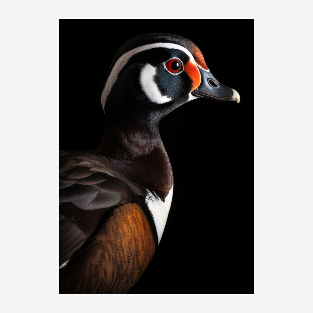 Portrait d'un canard aux plumes noires et blanches avec des taches oranges et rouges autour des yeux, sur fond noir.