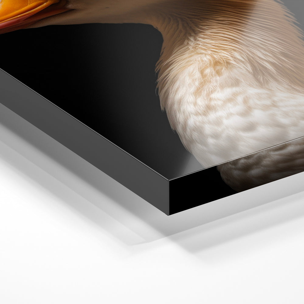 Gros plan de la matière : le tirage sous verre acrylique, tranche transparente visible.