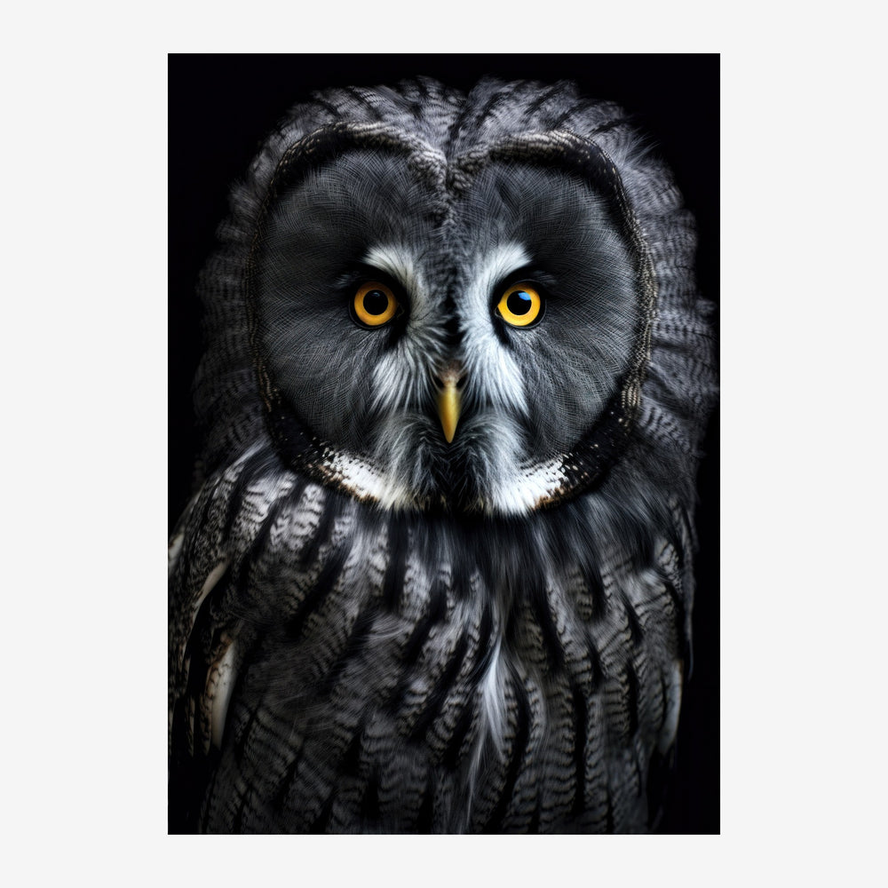 Portrait frontal d'une chouette rayée au plumage noir et blanc, aux yeux jaune orangé intenses, sur fond noir.