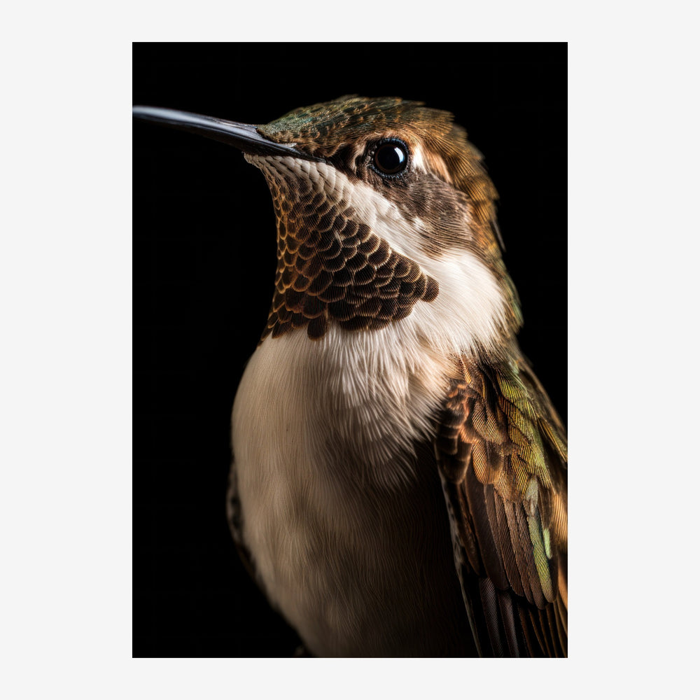 Portrait d'un colibri aux plumes brunes, dorées et blanches, présenté de profil sur un fond noir, mettant l'accent sur son.