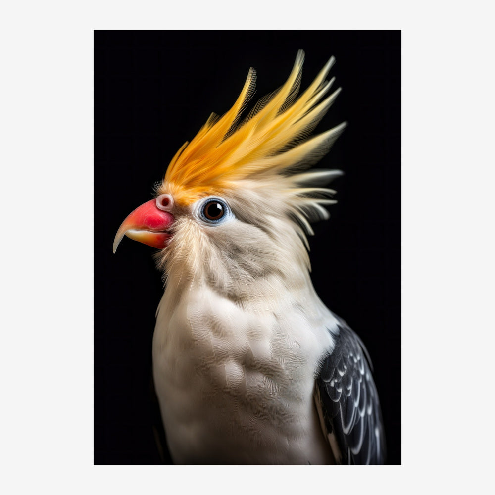 Portrait d'un cacatoès blanc aux plumes relevées en crête dorée et orange, bec rouge et œil bleu, photographié de profil sur.
