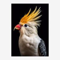 Portrait d'un cacatoès blanc aux plumes relevées en crête dorée et orange, bec rouge et œil bleu, photographié de profil sur.