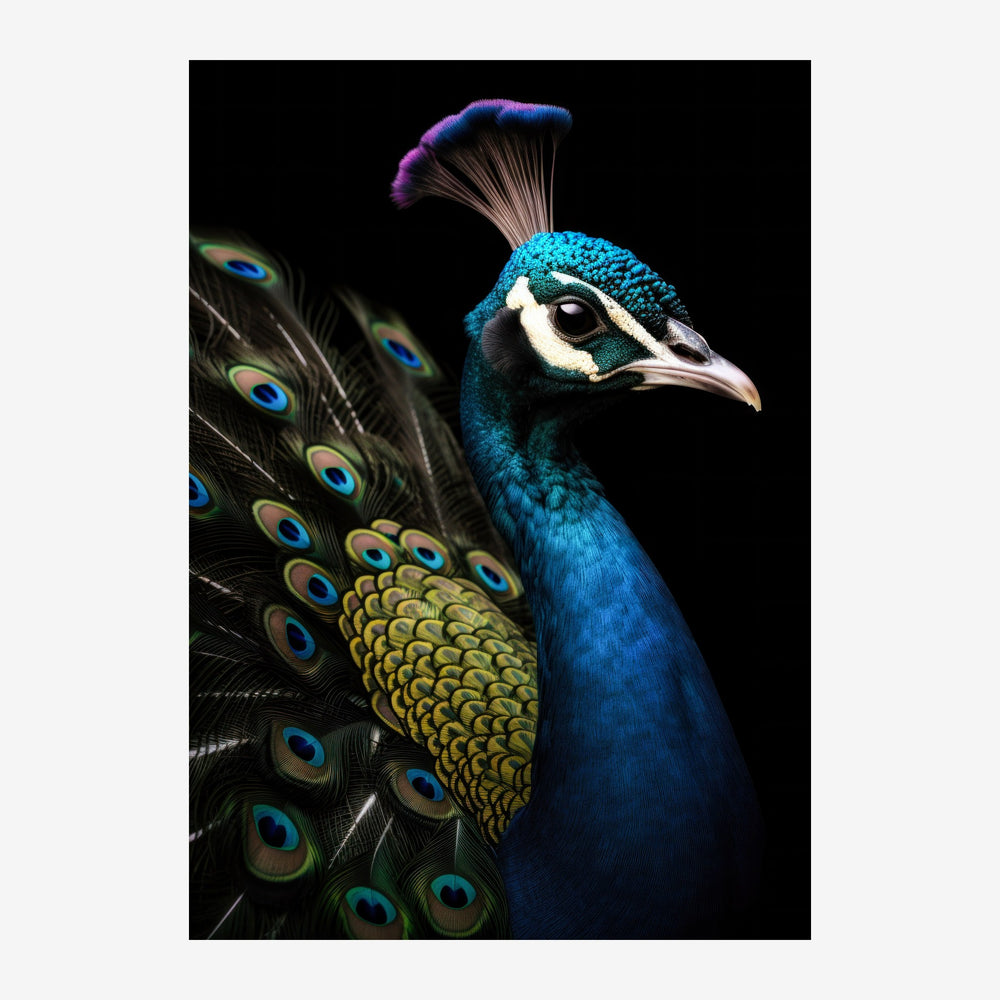 Portrait d'un paon bleu turquoise et blanc sur fond noir, avec ses plumes de queue ornées de motifs ocellés bleus et verts.