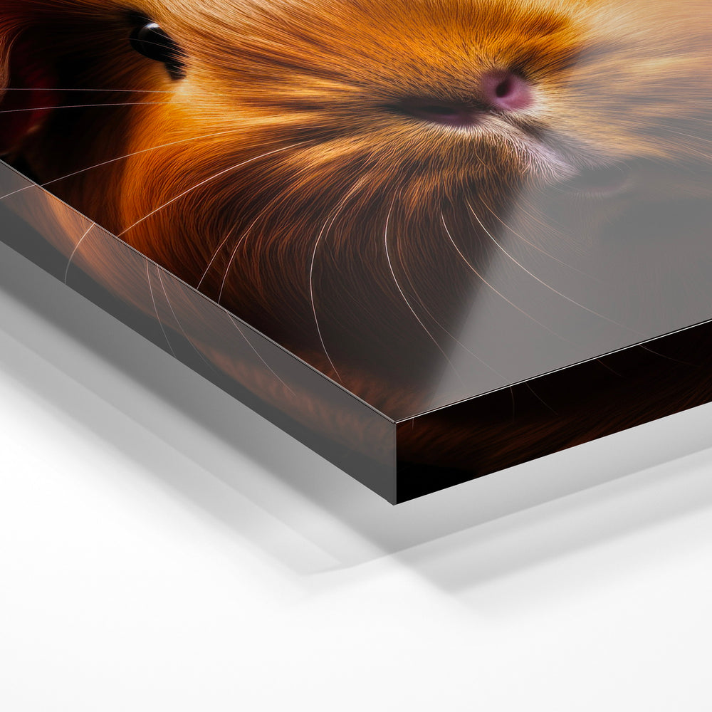Gros plan de la matière : le tirage sous verre acrylique, tranche transparente visible.