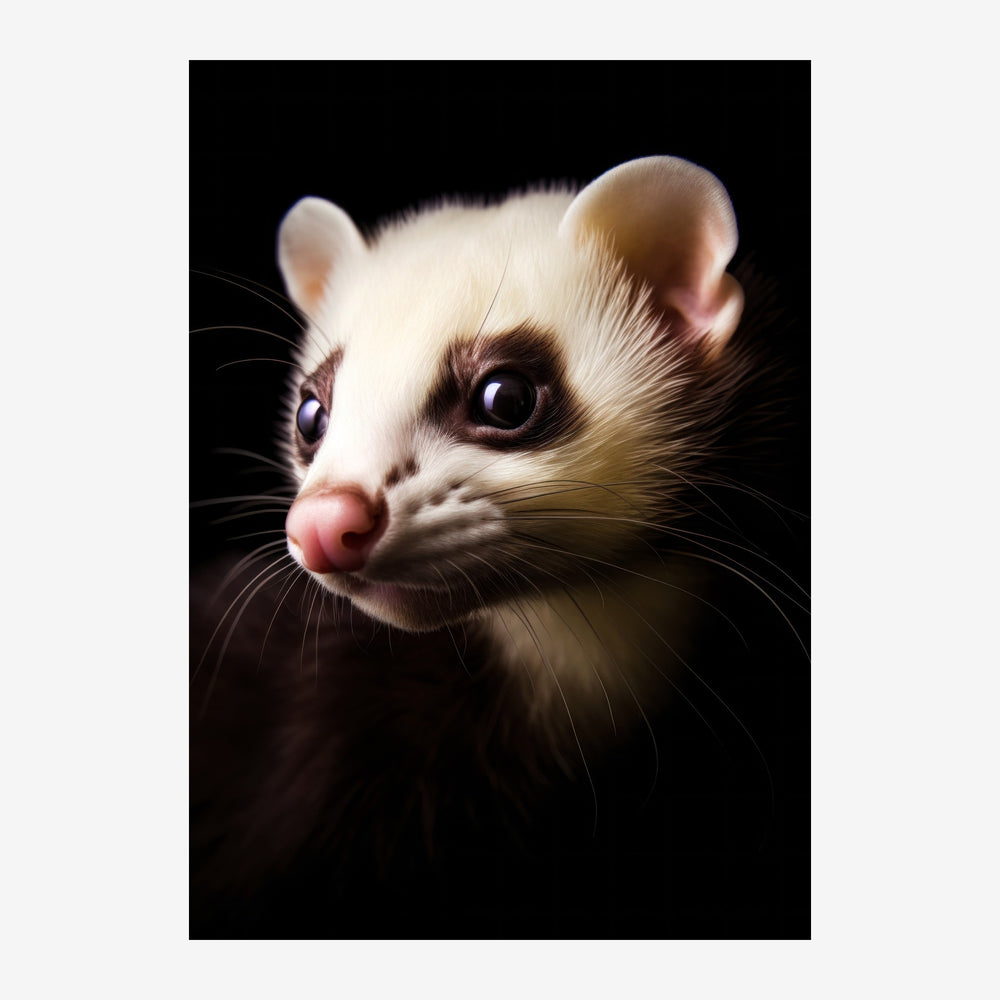 Portrait d'un opossum au pelage blanc aux yeux sombres expressifs, nez rose et oreilles roses, sur fond noir.