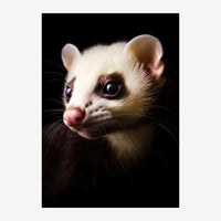 Portrait d'un opossum au pelage blanc aux yeux sombres expressifs, nez rose et oreilles roses, sur fond noir.