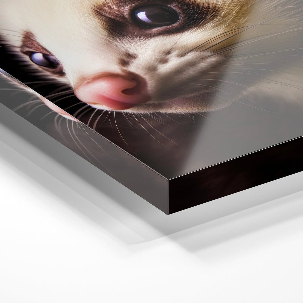 Gros plan de la matière : le tirage sous verre acrylique, tranche transparente visible.