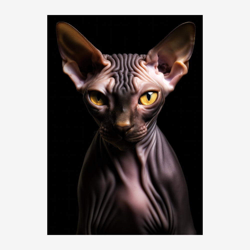 Portrait d'un chat Sphynx sans poils, tête légèrement inclinée vers l'avant, aux yeux jaune doré intenses et grandes.