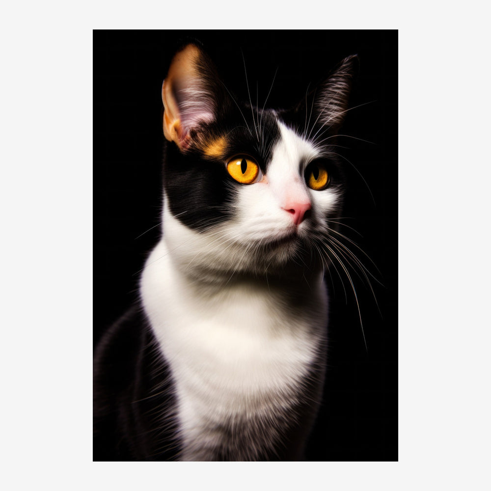 Portrait en gros plan d'un chat au pelage noir et blanc avec des yeux jaune d'or intenses, photographié sur un fond noir.