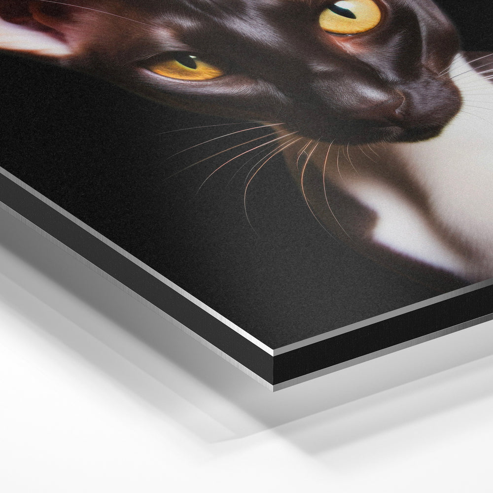 Gros plan de la matière : le tirage contrecollé sur aluminium Dibond mat, tranche visible.