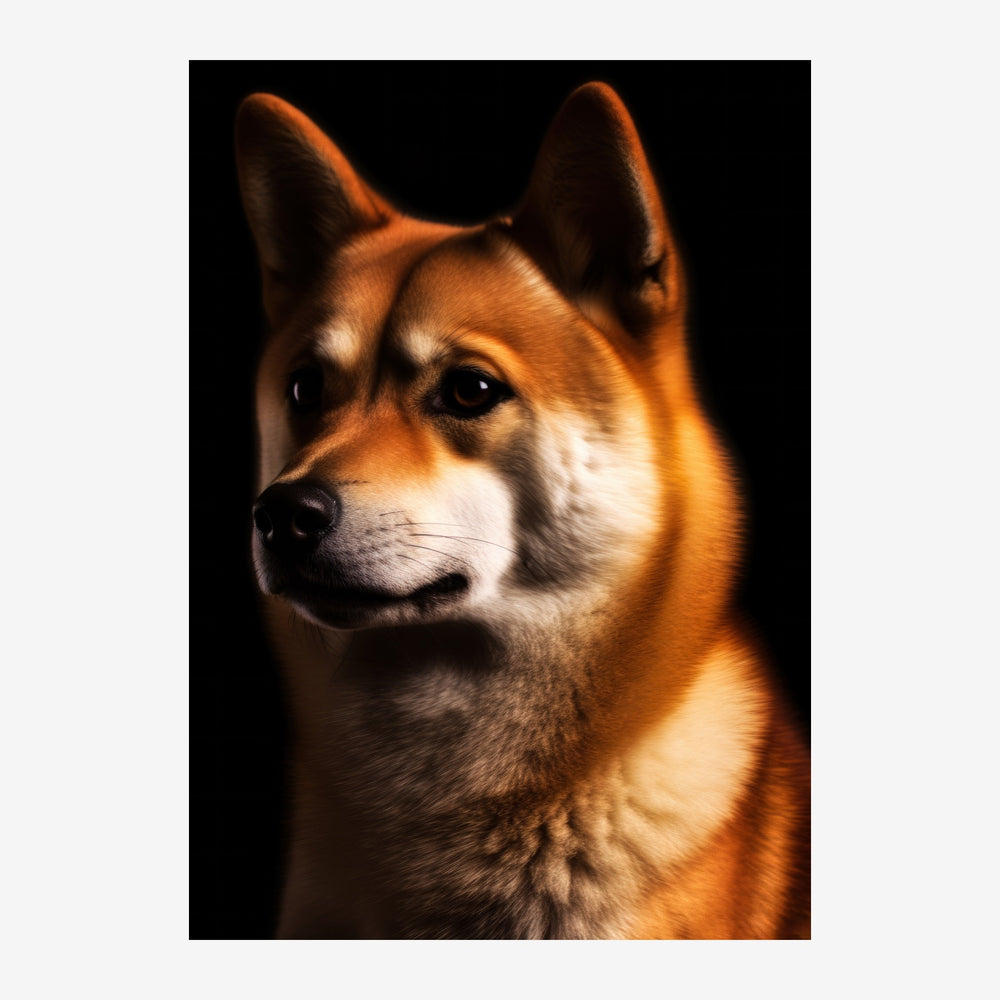 Portrait en gros plan d'un corgi roux et blanc, éclairé par une lumière dorée sur fond noir.