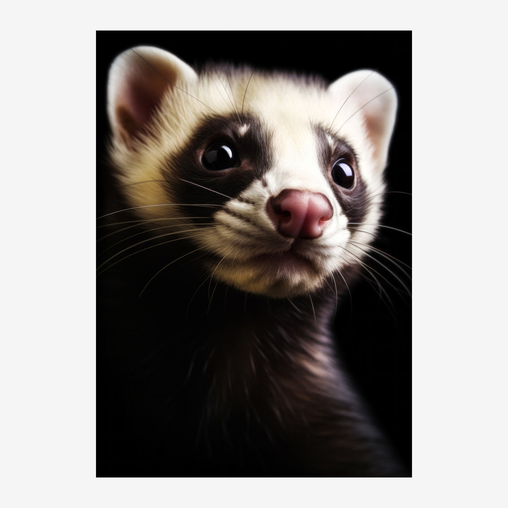 Portrait rapproché d'un furet blanc et noir avec un regard curieux, sur un fond noir.