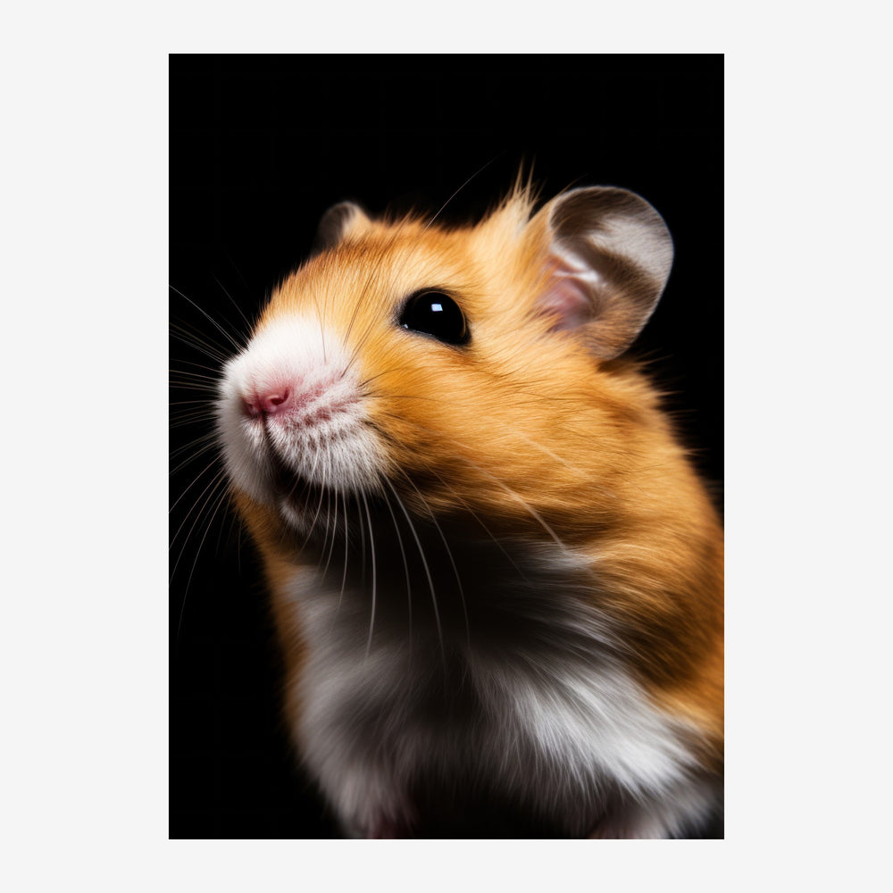 Portrait en gros plan d'un hamster roux et blanc regardant vers le haut, avec des moustaches fines, sur fond noir.