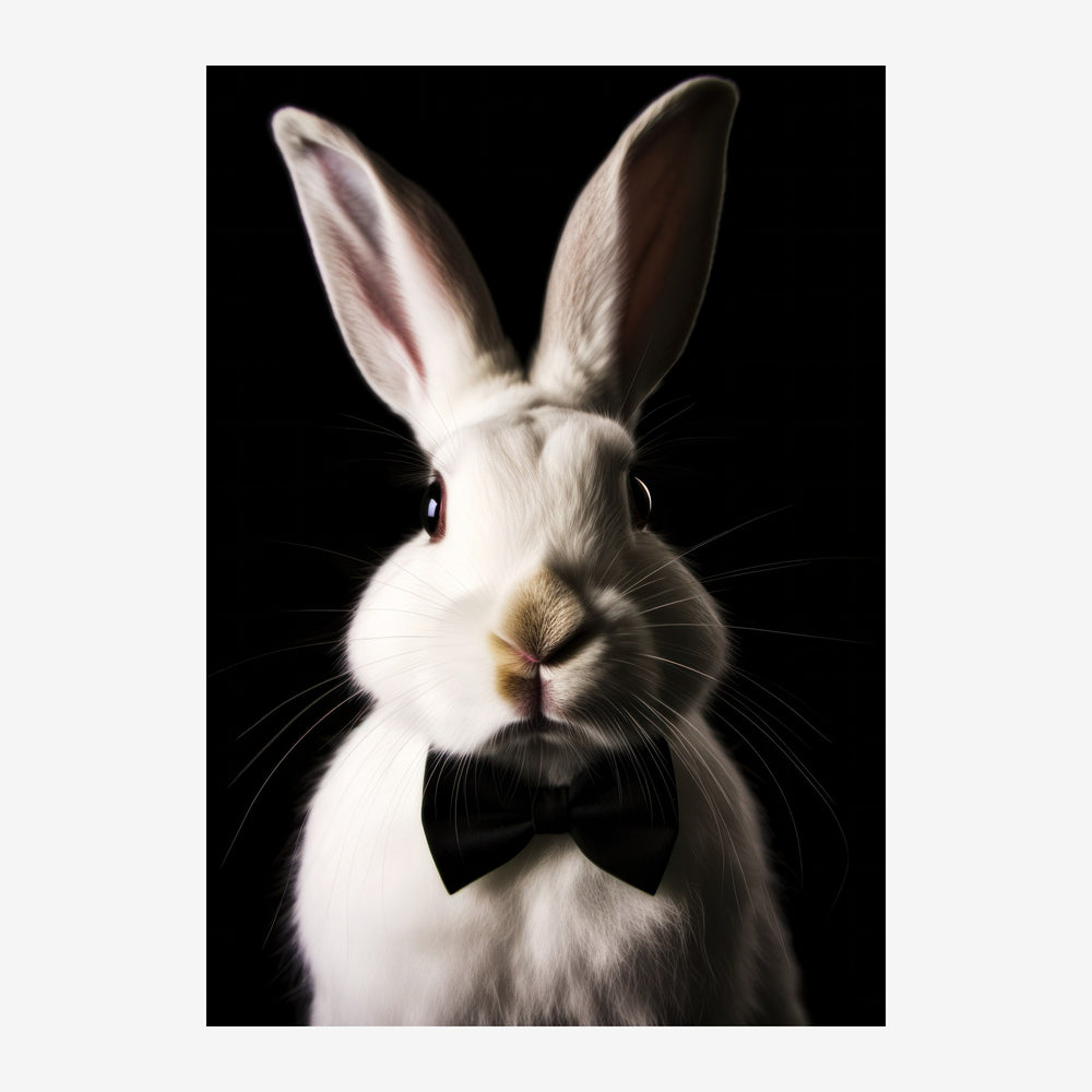 Portrait en gros plan d'un lapin blanc portant un nœud papillon noir, sur fond noir, regardant directement l'objectif.