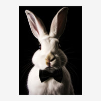 Portrait en gros plan d'un lapin blanc portant un nœud papillon noir, sur fond noir, regardant directement l'objectif.