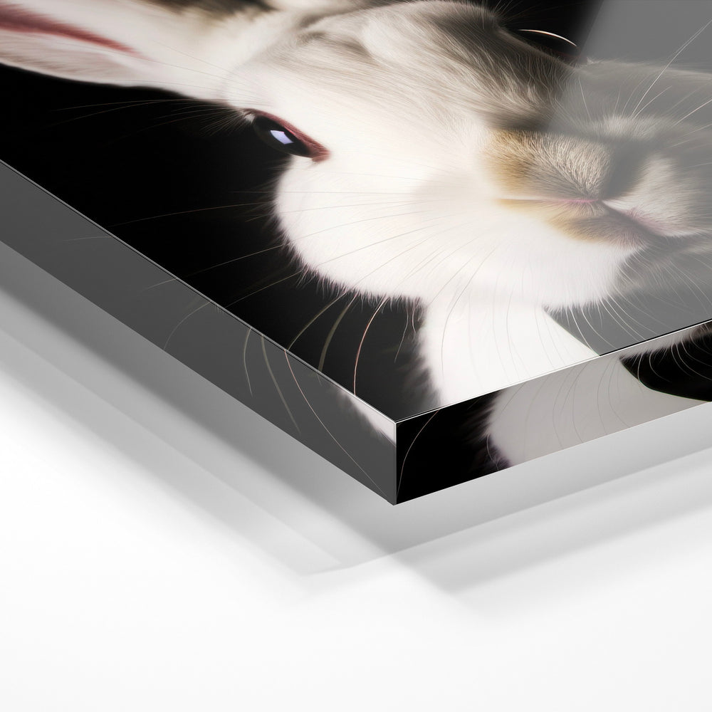 Gros plan de la matière : le tirage sous verre acrylique, tranche transparente visible.
