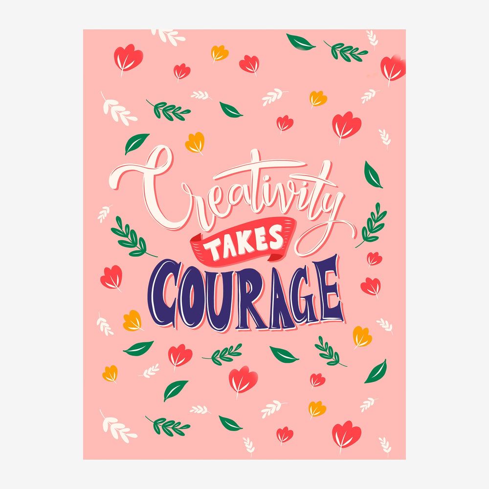 Affiche rose corail avec le texte « Creativity takes courage » en typographie colorée blanche, rouge et bleu marine.