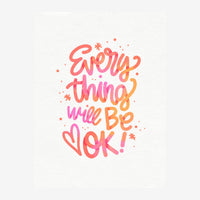 Affiche avec le texte « Every thing will be OK » en lettres cursives rose, corail et orange, agrémentée d'étoiles et de.