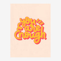 Affiche avec lettrage stylisé en jaune et rose écrit "You Save Enough" sur fond beige pêche.