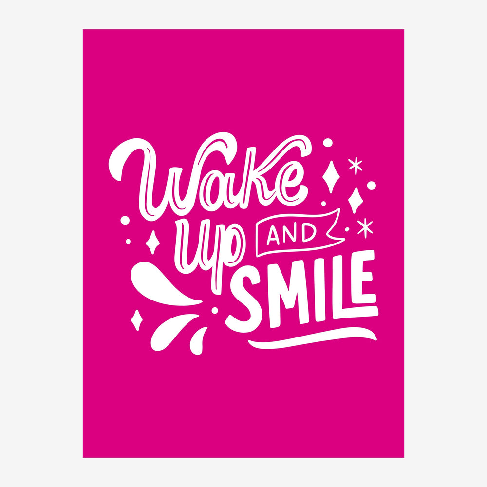 Affiche pop-art avec le texte « Wake up and Smile » en blanc sur un fond rose fuchsia, orné d'étoiles et de diamants.