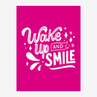 Affiche pop-art avec le texte « Wake up and Smile » en blanc sur un fond rose fuchsia, orné d'étoiles et de diamants.
