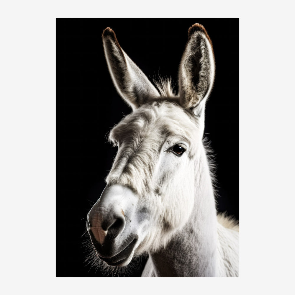 Portrait frontal d'un âne blanc gros plan sur fond noir, montrant ses grandes oreilles, son regard doux et son museau fin.