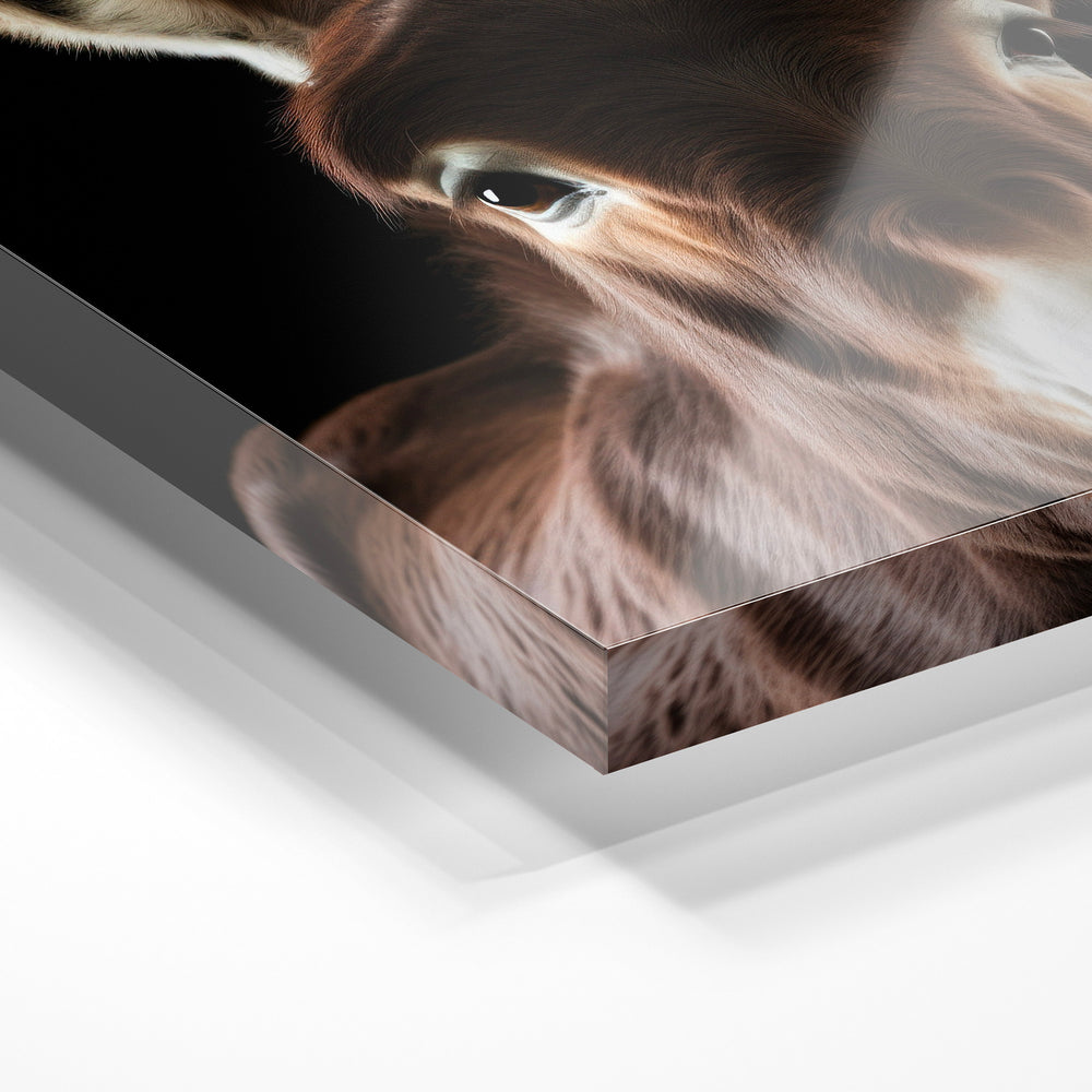 Gros plan de la matière : le tirage sous verre acrylique, tranche transparente visible.