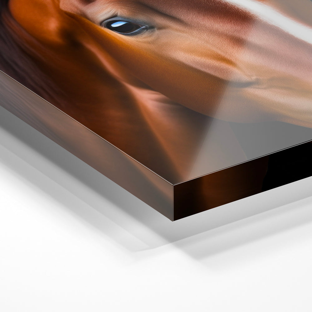 Gros plan de la matière : le tirage sous verre acrylique, tranche transparente visible.