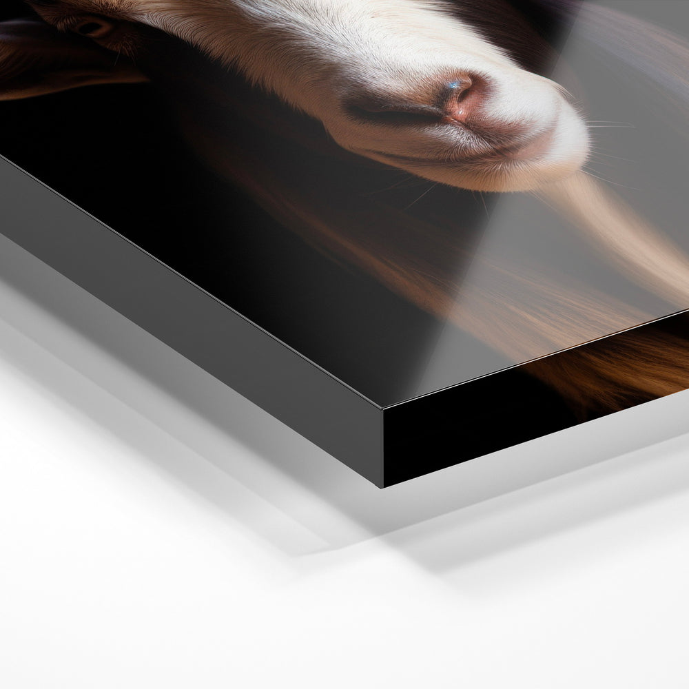 Gros plan de la matière : le tirage sous verre acrylique, tranche transparente visible.