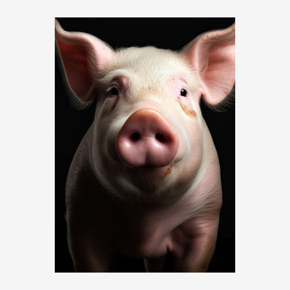 Portrait frontal d'un cochon blanc au regard doux, présenté sur un fond noir qui met en relief ses traits et ses oreilles.