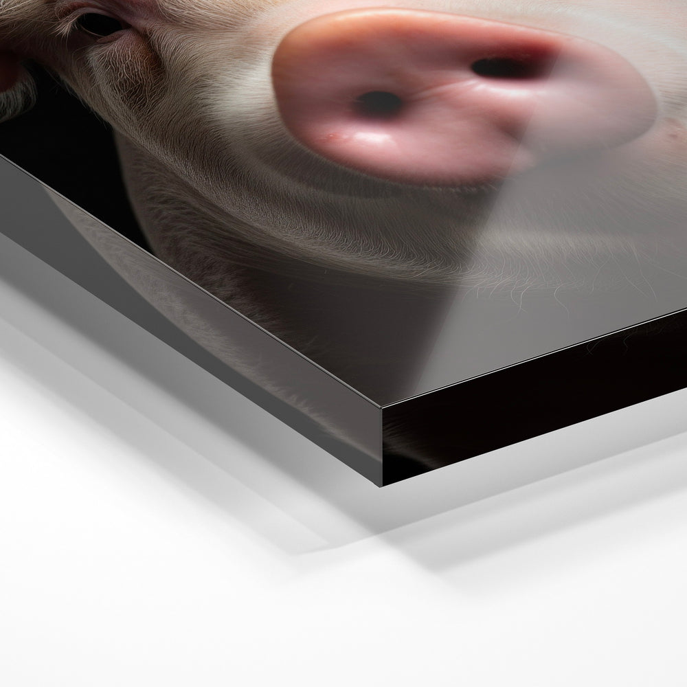 Gros plan de la matière : le tirage sous verre acrylique, tranche transparente visible.