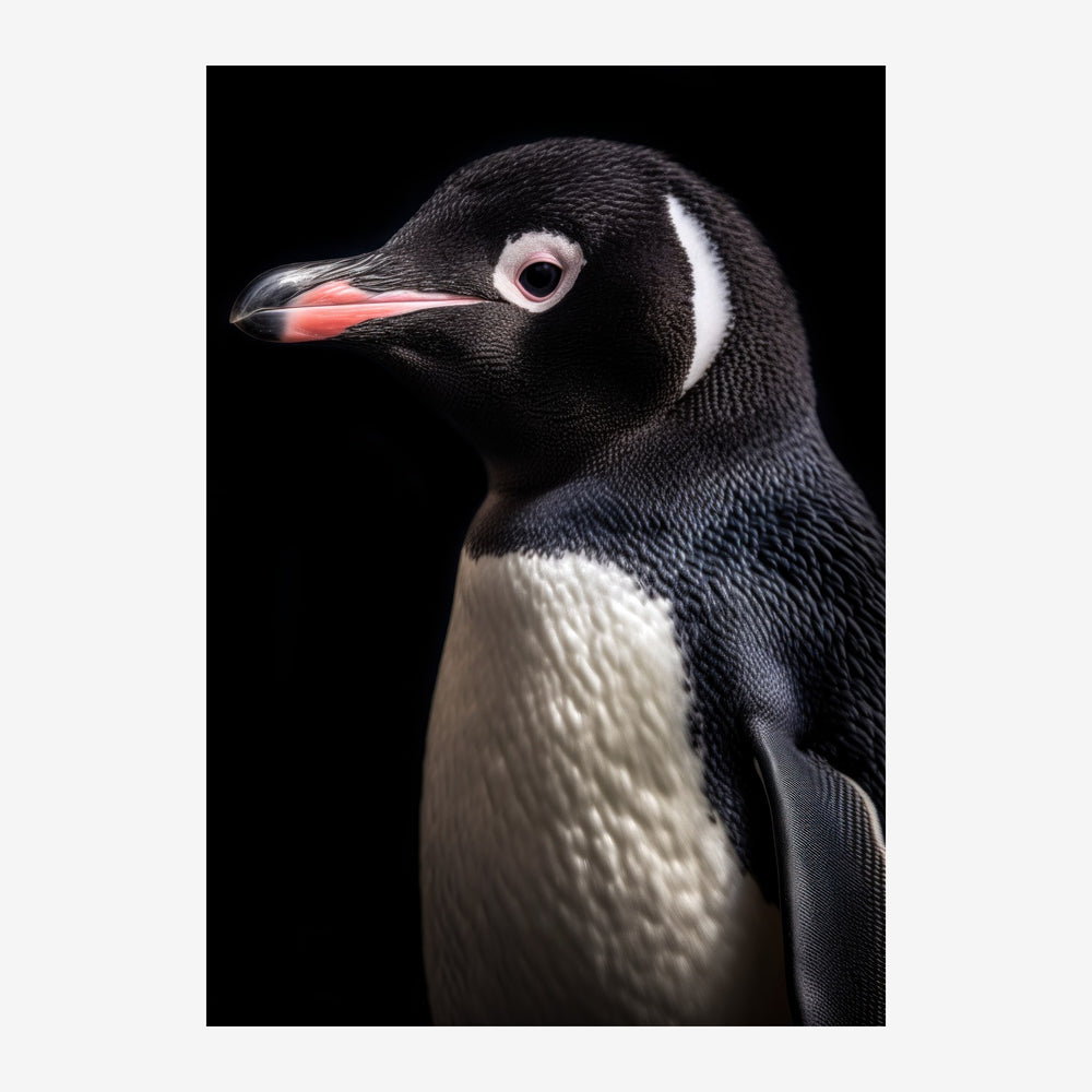 Portrait en gros plan d'un pingouin de profil, au plumage noir et blanc, sur fond noir.