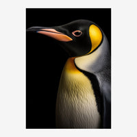 Portrait d'un pingouin au plumage noir, avec des marques jaunes autour de l'œil, un bec orange et un ventre blanc crème, sur.