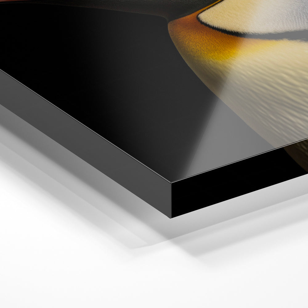 Gros plan de la matière : le tirage sous verre acrylique, tranche transparente visible.