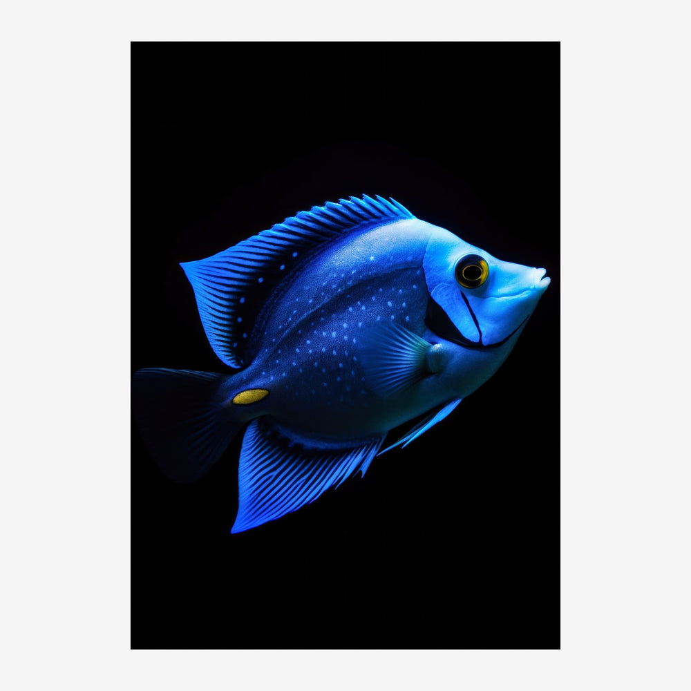 Un poisson tropical bleu luminescent avec des nageoires délicates et un oeil doré, photographié sur un fond noir.