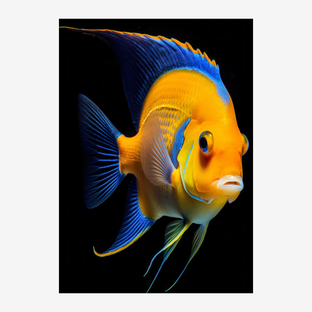 Poisson tropical aux teintes jaune doré et bleu électrique, nageoires fines détaillées, sur fond noir.