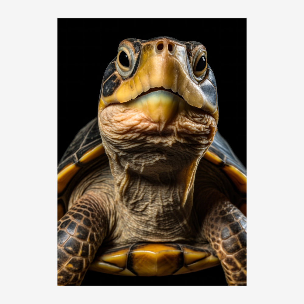 Portrait rapproché d'une tortue géante regardant l'objectif, tête de face sur fond noir, avec la carapace et la peau aux.