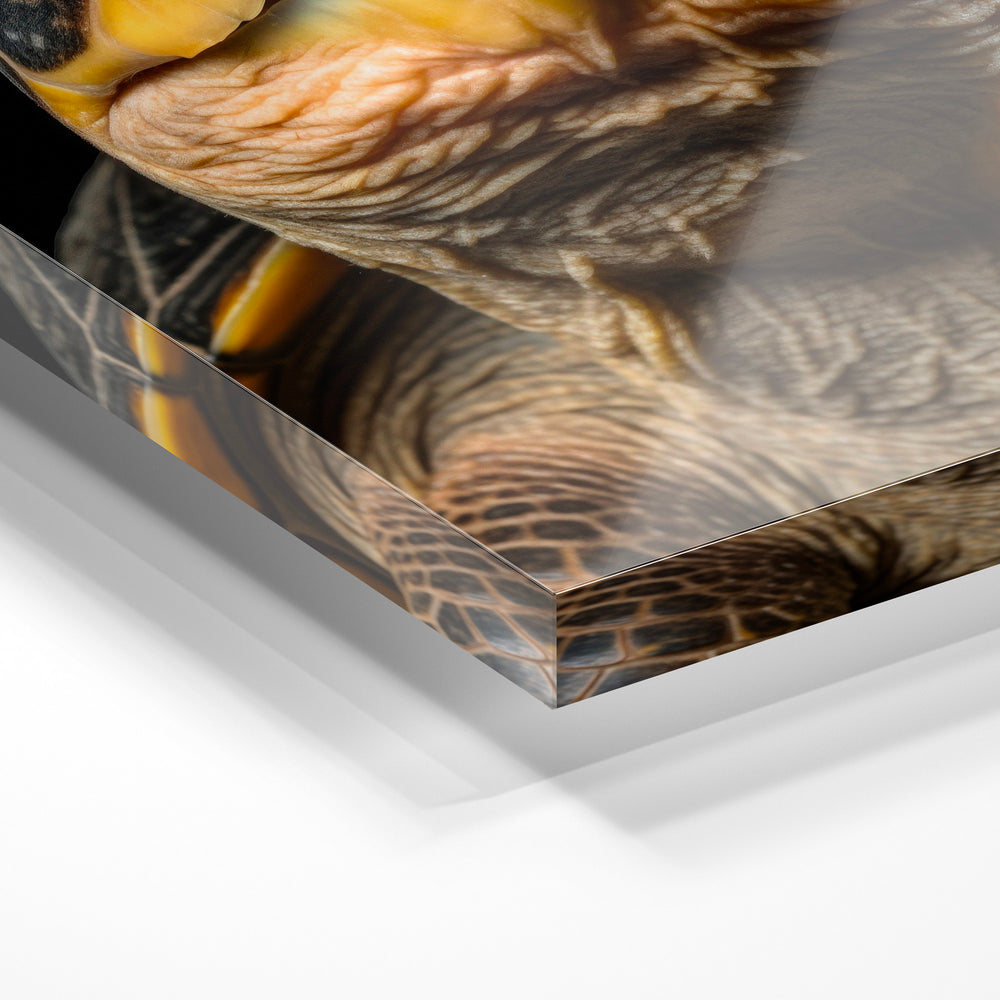 Gros plan de la matière : le tirage sous verre acrylique, tranche transparente visible.