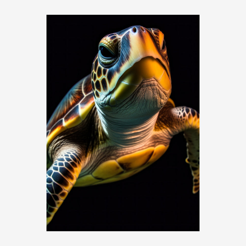 Gros plan d'une tortue marine aux tons dorés et ambrés sur un fond noir, regardant vers l'avant.