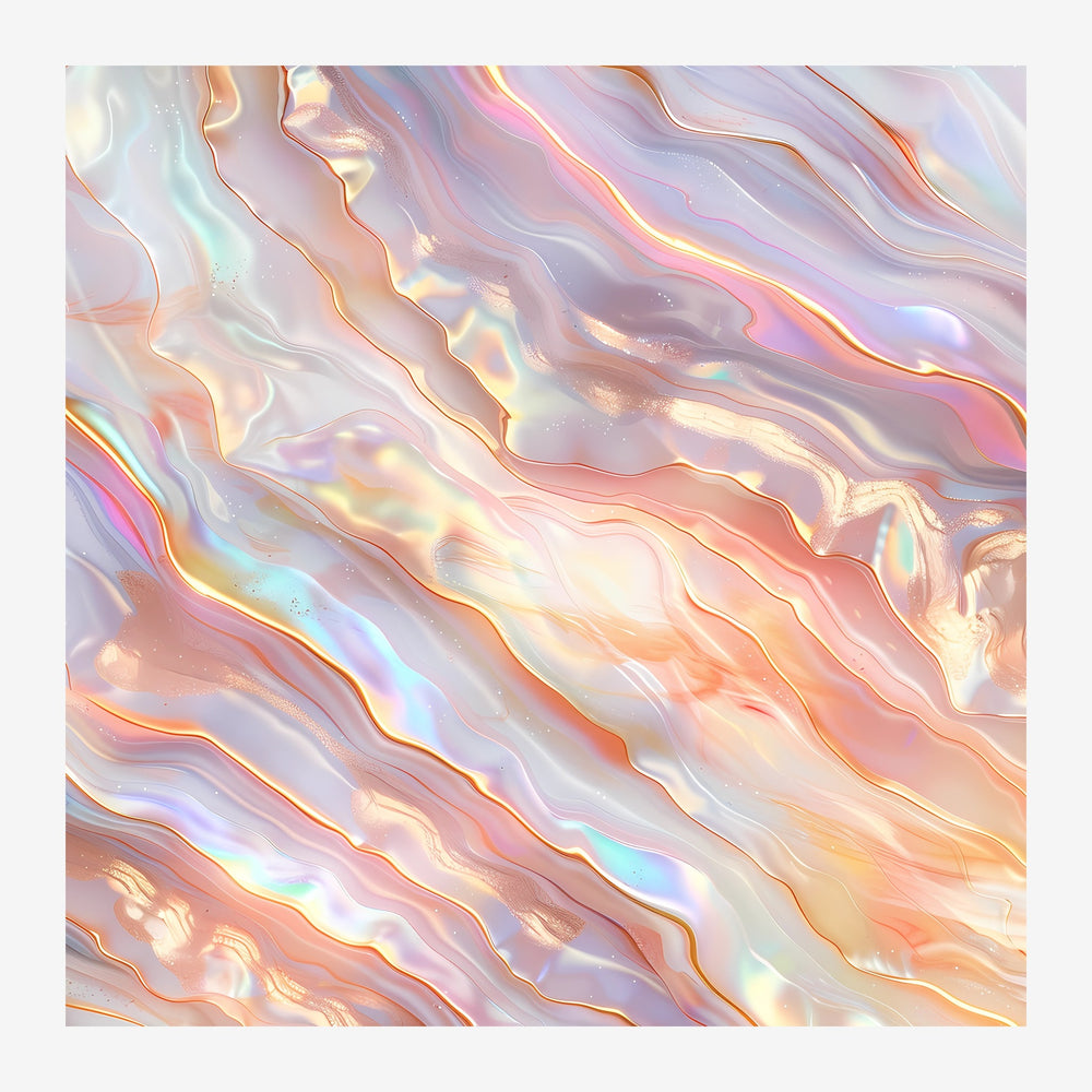 Image abstraite montrant des ondulations fluides en rose poudré, or et blanc avec des reflets irisés et une profondeur.
