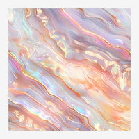 Image abstraite montrant des ondulations fluides en rose poudré, or et blanc avec des reflets irisés et une profondeur.